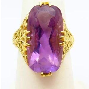 🍇Vintage 14K Yellow Gold Rectangle Baguette Shaped Amethyst Filigree Ring!